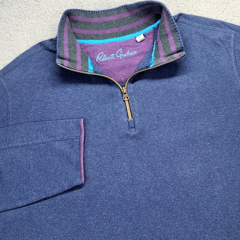 Robert Graham Sweater Mens XL Blue Purple Cotton Quarter Zip Mock Neck Pullover